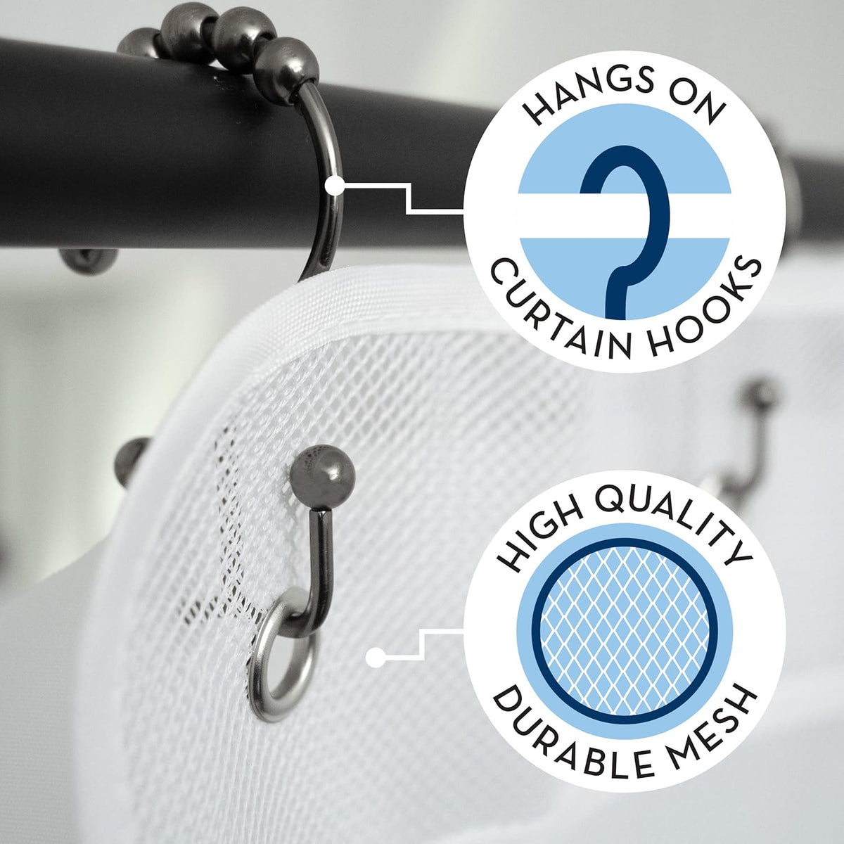 Shower Organizer with Quick Drying Mesh, Bathroom Caddy Organizer with 7 Pockets to Hold Toiletries, Shampoos, Soaps, and Loofahs, 14 Inch by 30 Inch, White, 2 Pack