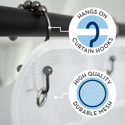 Shower Organizer with Quick Drying Mesh, Bathroom Caddy Organizer with 7 Pockets to Hold Toiletries, Shampoos, Soaps, and Loofahs, 14 Inch by 30 Inch, White, 2 Pack