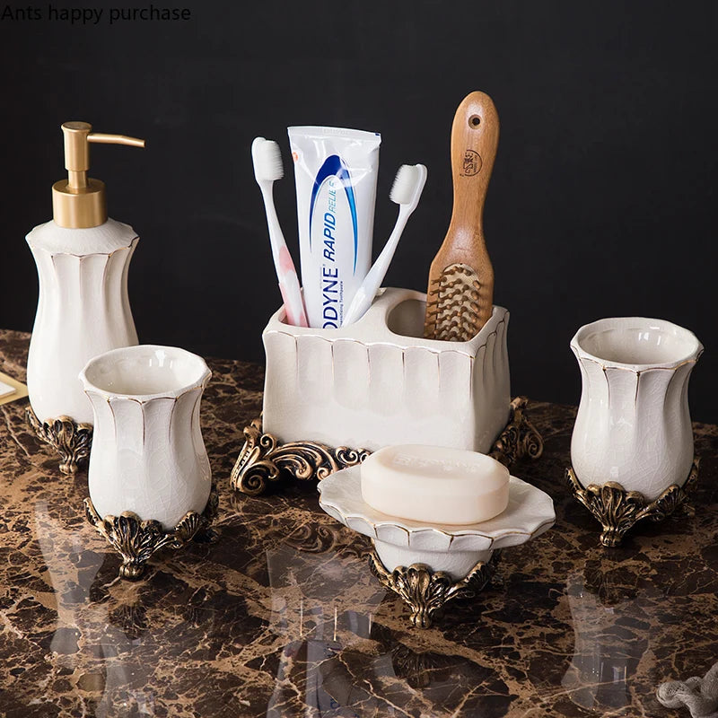 Retro Ceramic Bathroom Set Toiletries Bathroom Accessories Lotion Bottle Toothbrush Holder Mouthwash Cup Soap Dish Tray Wash Set