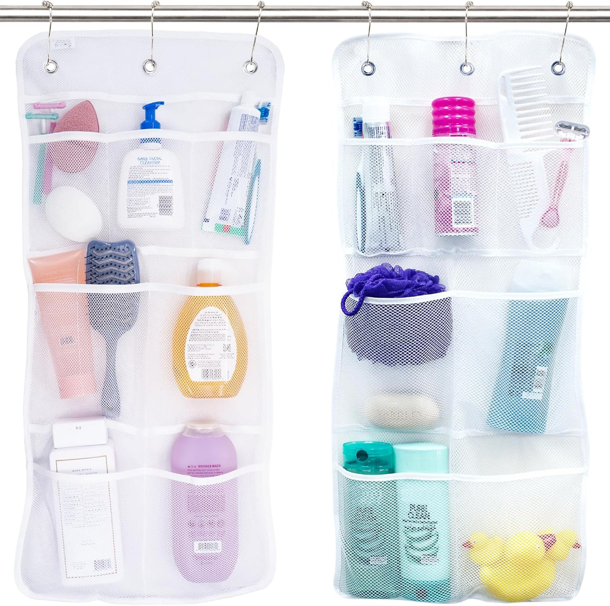 Shower Organizer with Quick Drying Mesh, Bathroom Caddy Organizer with 7 Pockets to Hold Toiletries, Shampoos, Soaps, and Loofahs, 14 Inch by 30 Inch, White, 2 Pack