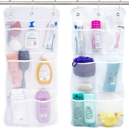 Shower Organizer with Quick Drying Mesh, Bathroom Caddy Organizer with 7 Pockets to Hold Toiletries, Shampoos, Soaps, and Loofahs, 14 Inch by 30 Inch, White, 2 Pack