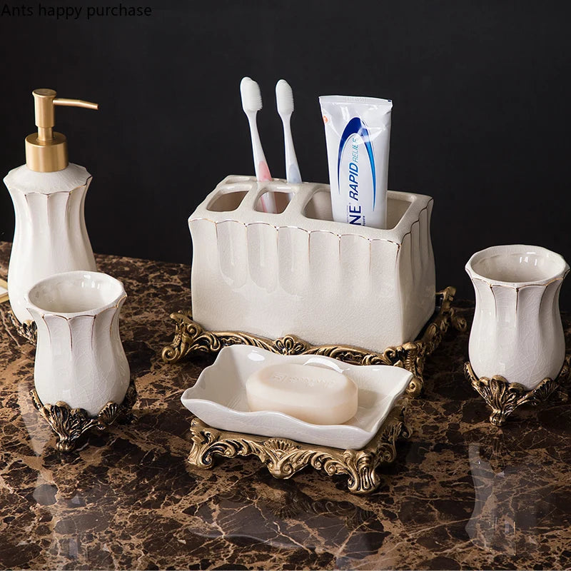 Retro Ceramic Bathroom Set Toiletries Bathroom Accessories Lotion Bottle Toothbrush Holder Mouthwash Cup Soap Dish Tray Wash Set