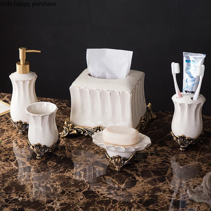 Retro Ceramic Bathroom Set Toiletries Bathroom Accessories Lotion Bottle Toothbrush Holder Mouthwash Cup Soap Dish Tray Wash Set