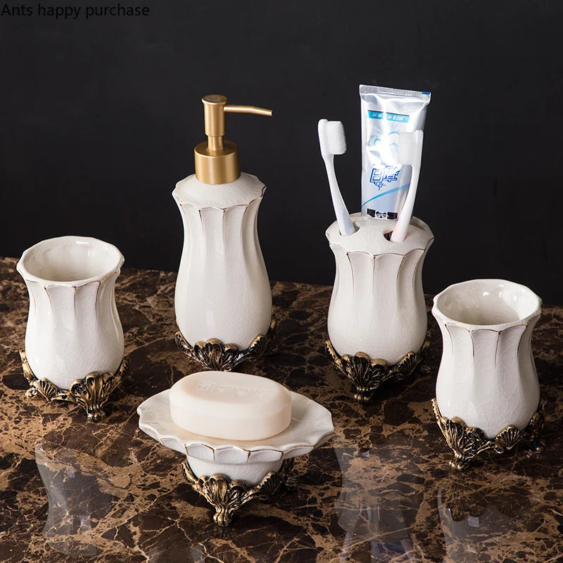 Retro Ceramic Bathroom Set Toiletries Bathroom Accessories Lotion Bottle Toothbrush Holder Mouthwash Cup Soap Dish Tray Wash Set