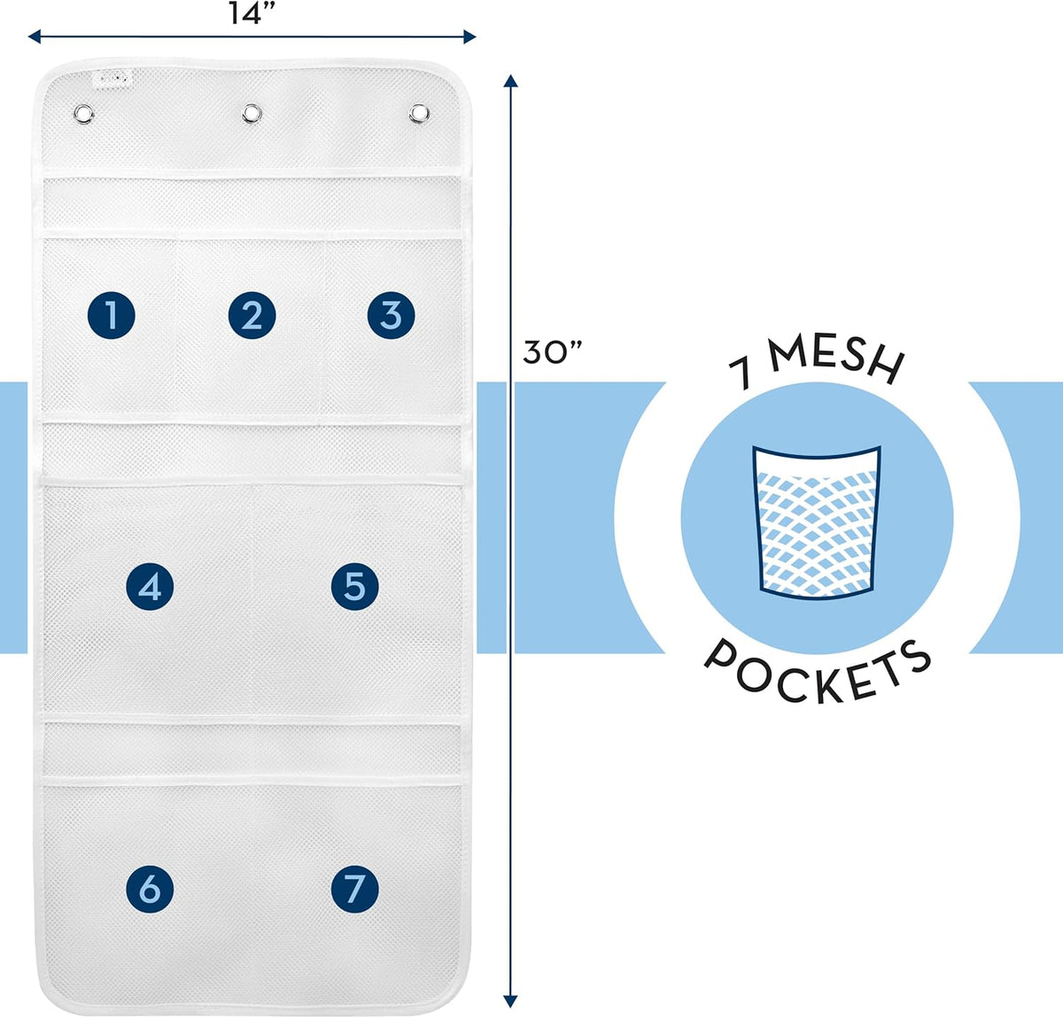 Shower Organizer with Quick Drying Mesh, Bathroom Caddy Organizer with 7 Pockets to Hold Toiletries, Shampoos, Soaps, and Loofahs, 14 Inch by 30 Inch, White, 2 Pack