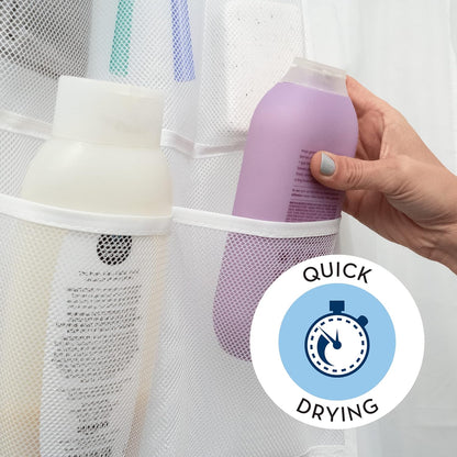 Shower Organizer with Quick Drying Mesh, Bathroom Caddy Organizer with 7 Pockets to Hold Toiletries, Shampoos, Soaps, and Loofahs, 14 Inch by 30 Inch, White, 2 Pack