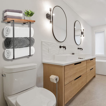 Towel Rack,Bathroom Towel Storage Rack,Bath Towel Holder, Iron and Wood Wall Art