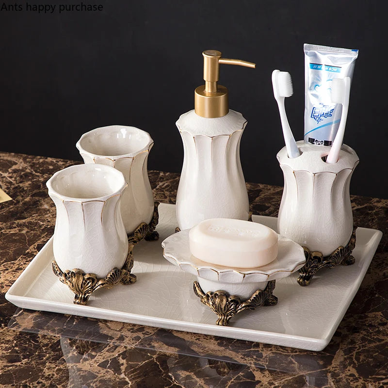 Retro Ceramic Bathroom Set Toiletries Bathroom Accessories Lotion Bottle Toothbrush Holder Mouthwash Cup Soap Dish Tray Wash Set