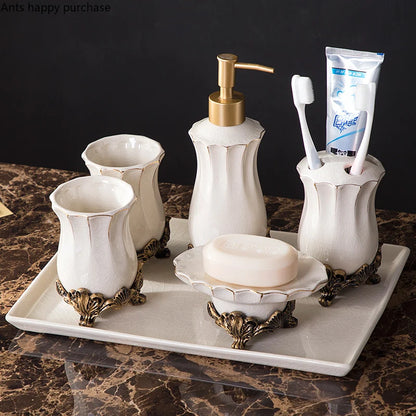 Retro Ceramic Bathroom Set Toiletries Bathroom Accessories Lotion Bottle Toothbrush Holder Mouthwash Cup Soap Dish Tray Wash Set