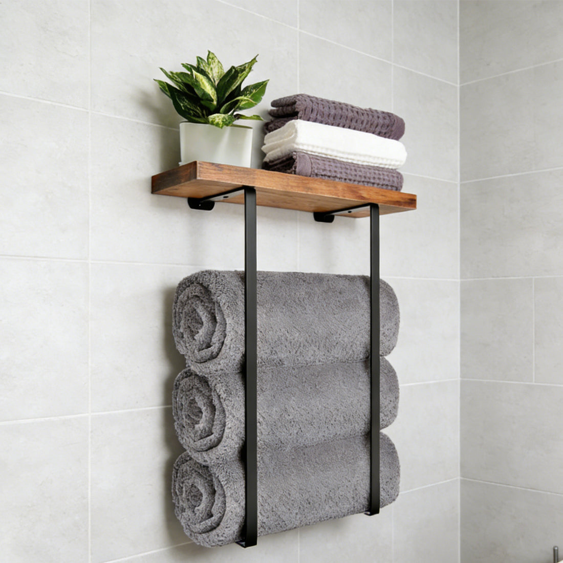 Towel Rack,Bathroom Towel Storage Rack,Bath Towel Holder, Iron and Wood Wall Art