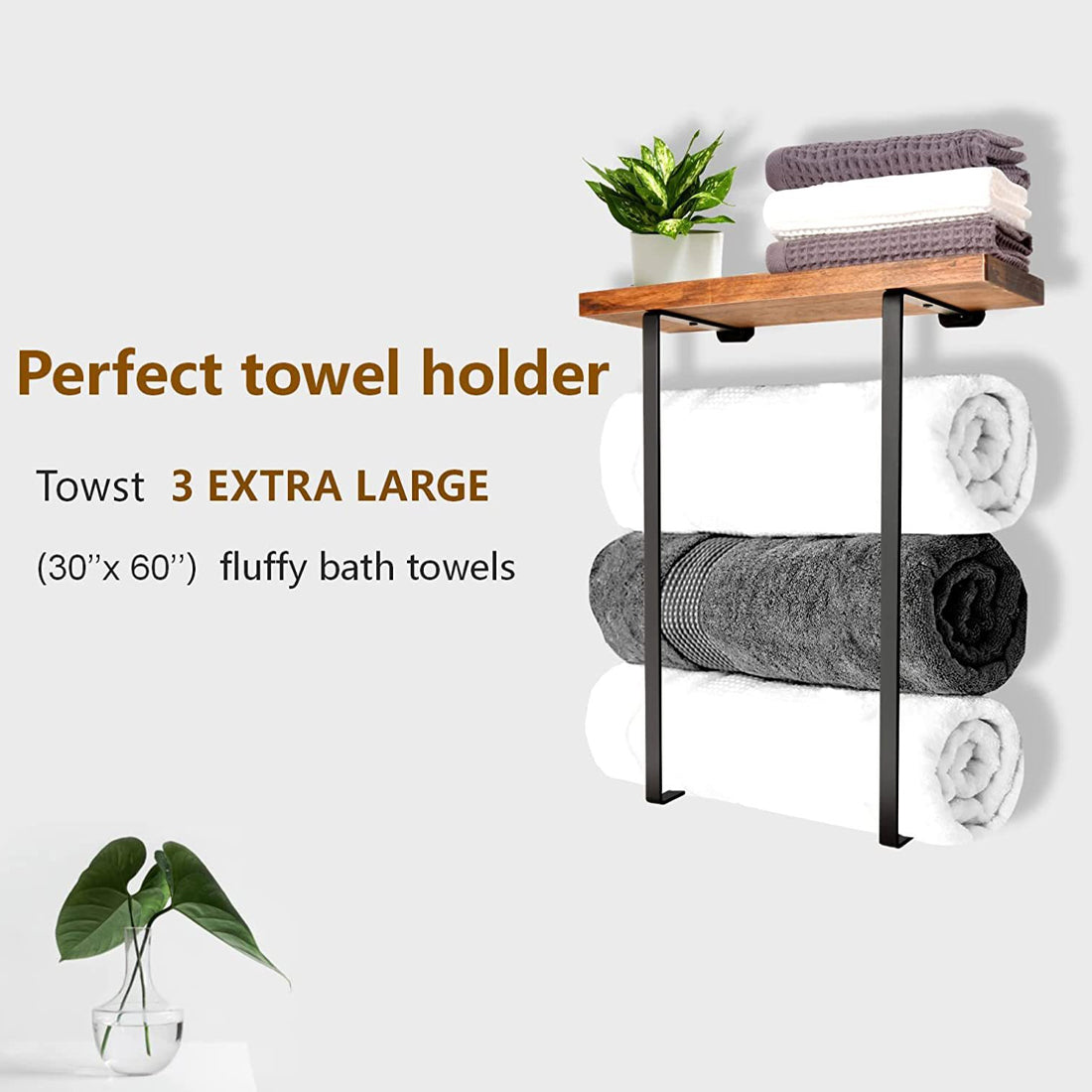 Towel Rack,Bathroom Towel Storage Rack,Bath Towel Holder, Iron and Wood Wall Art