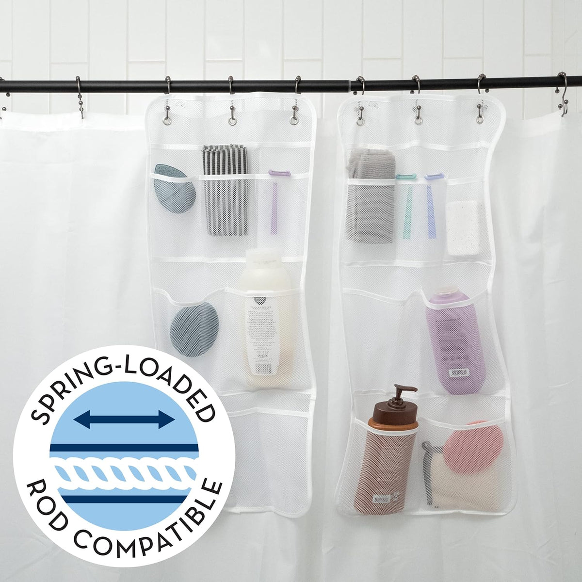 Shower Organizer with Quick Drying Mesh, Bathroom Caddy Organizer with 7 Pockets to Hold Toiletries, Shampoos, Soaps, and Loofahs, 14 Inch by 30 Inch, White, 2 Pack