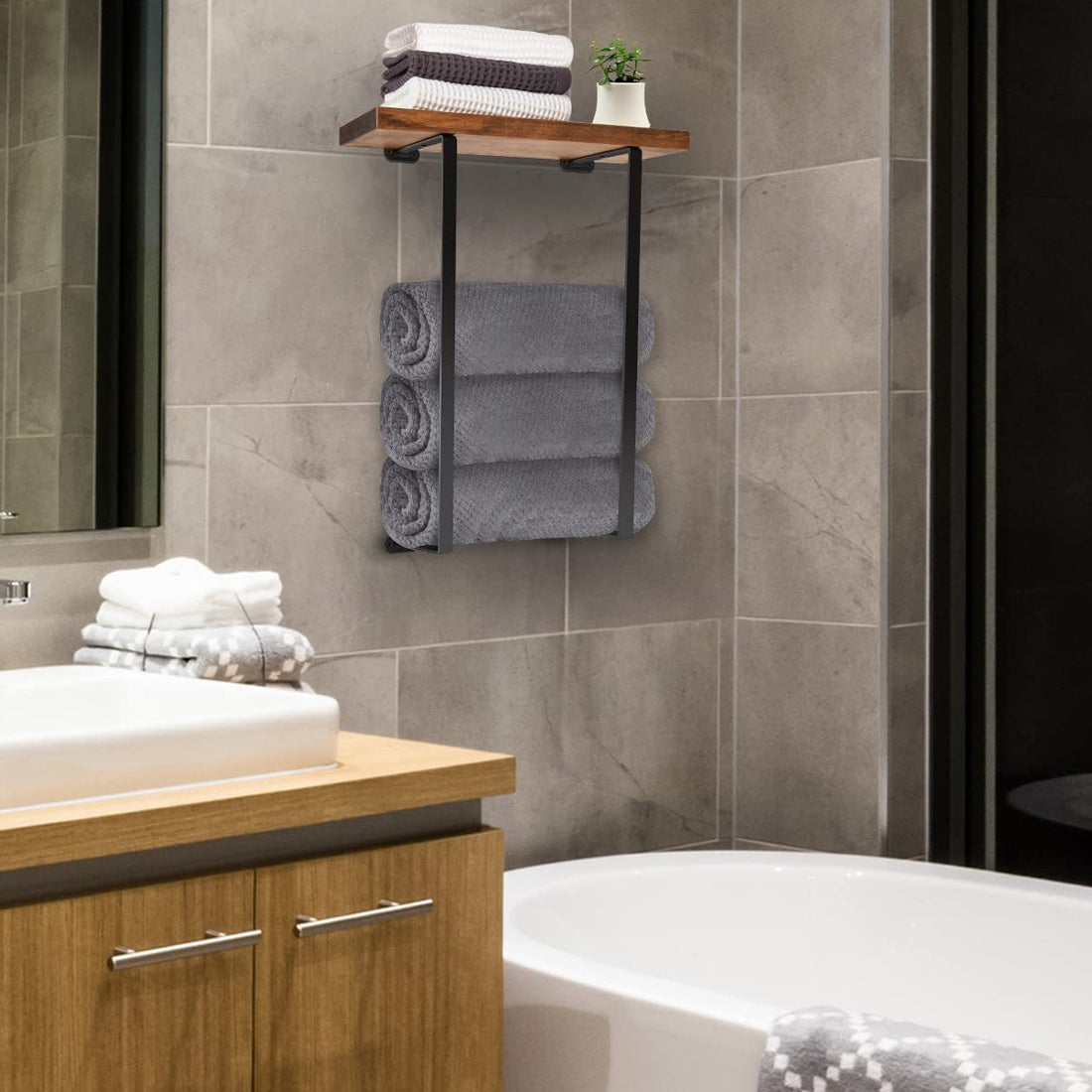 Towel Rack,Bathroom Towel Storage Rack,Bath Towel Holder, Iron and Wood Wall Art