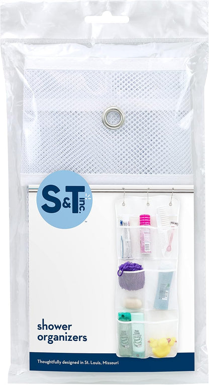 Shower Organizer with Quick Drying Mesh, Bathroom Caddy Organizer with 7 Pockets to Hold Toiletries, Shampoos, Soaps, and Loofahs, 14 Inch by 30 Inch, White, 2 Pack