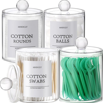 Bathroom Organizers and Storage, 4 PACK Plastic Canisters for Cotton Balls, Cotton Swabs, Cotton Rounds