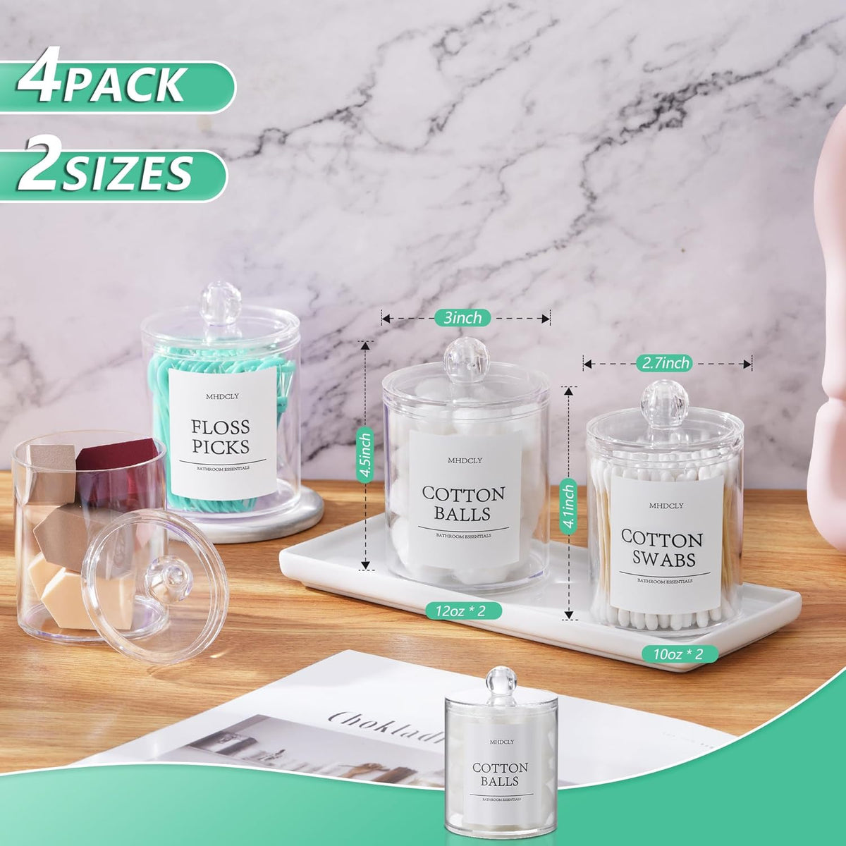 Bathroom Organizers and Storage, 4 PACK Plastic Canisters for Cotton Balls, Cotton Swabs, Cotton Rounds